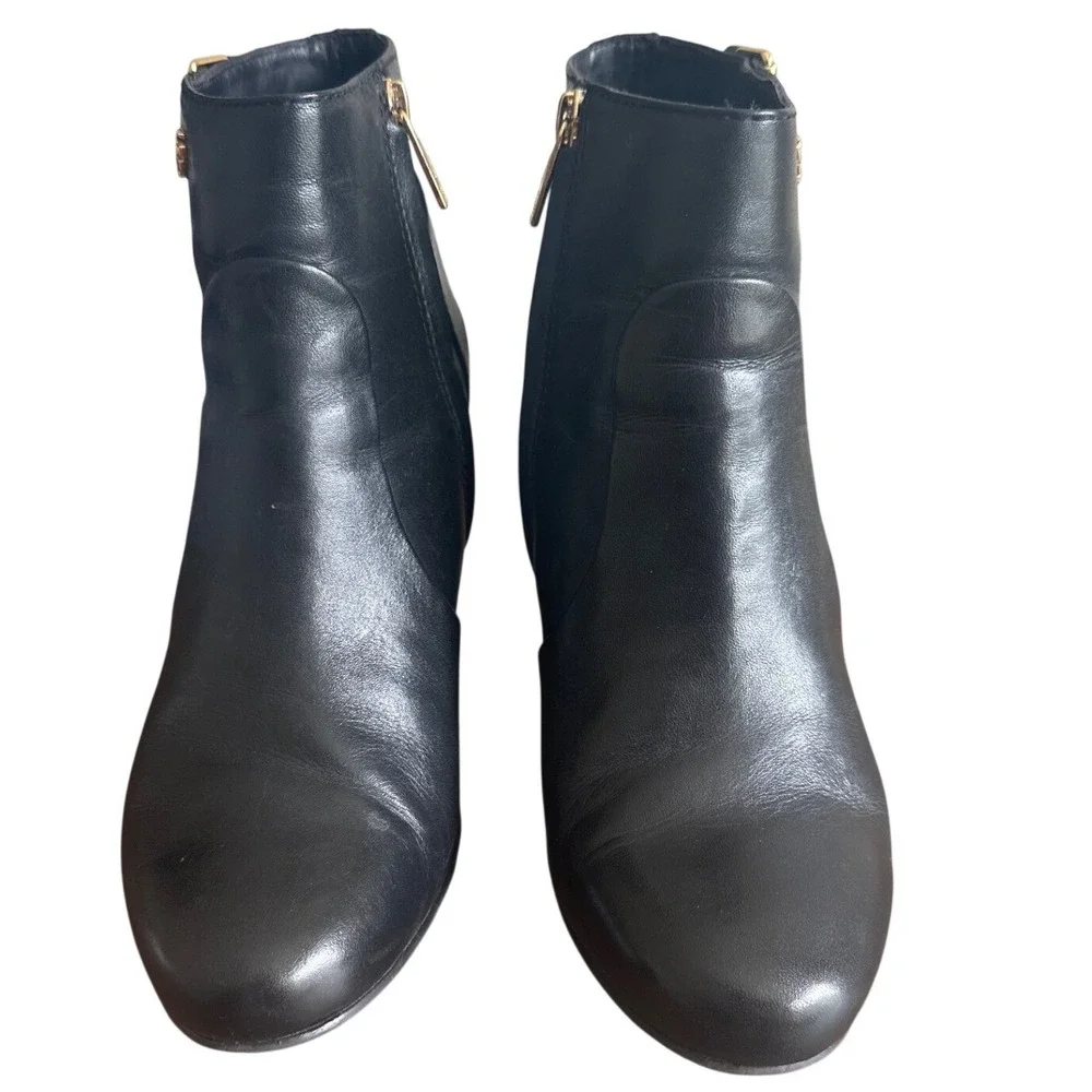 Tory Burch Milan 85mm Wedge Leather Booties Black Gold Logo Size 8